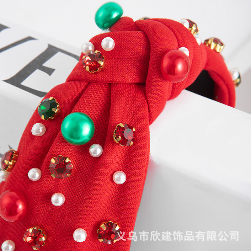 Wholesale Christmas Pearl Red Green Diamond Set Fashion Versatile Trendy Women's Headband